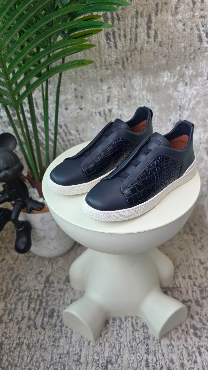 Zegna Crocodile-Pattern Sneakers – Navy Blue - View 5