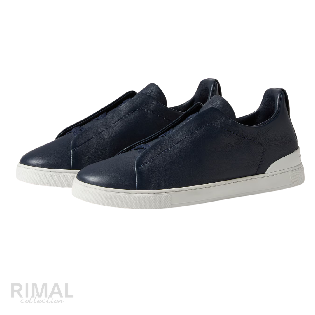 ZEGNA Triple Stitch Secondskin Leather Slip-on Sneakers Navy Blue
