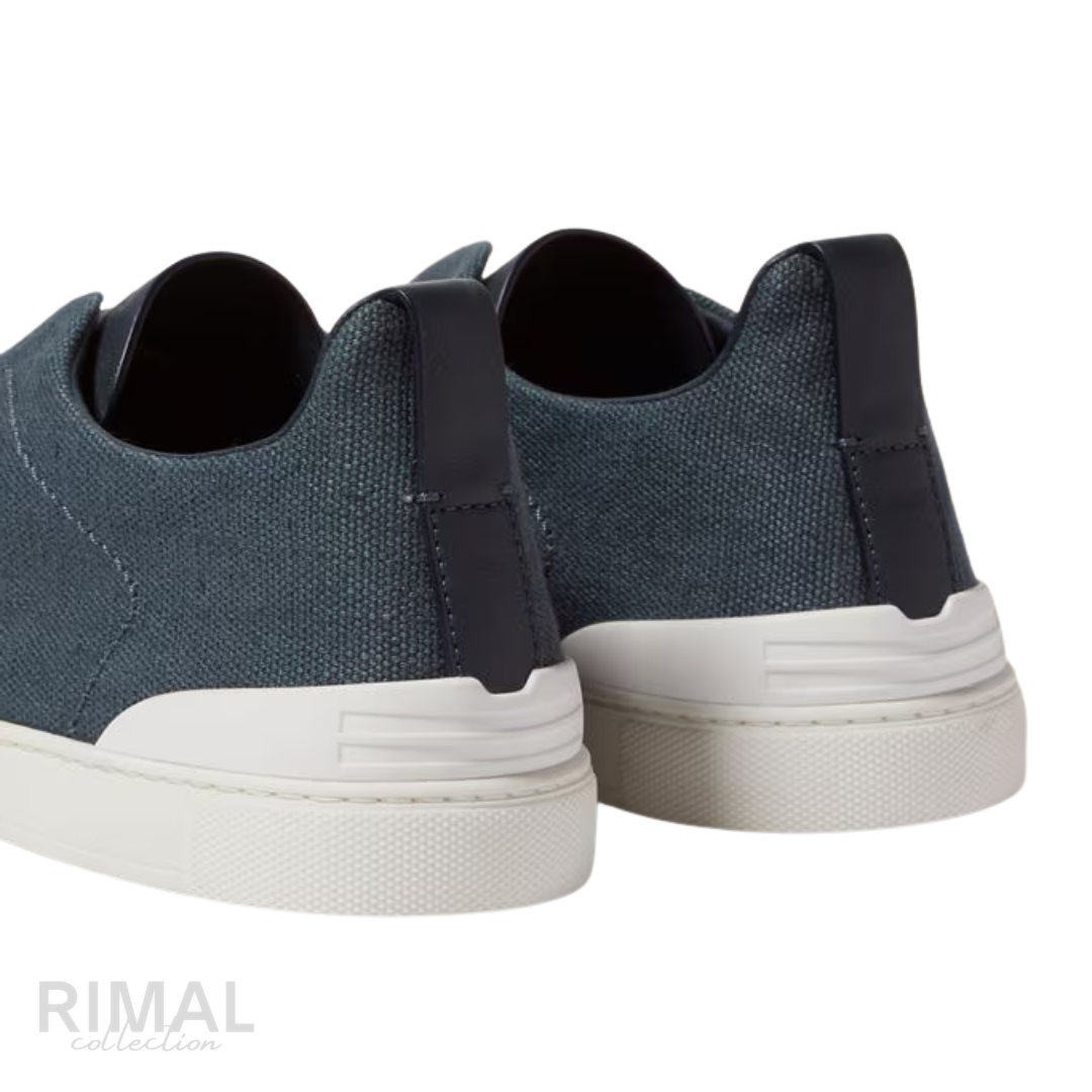 Zegna | Dark Teal Blue Cotton Linen and Leather Triple Stitch Sneakers - View 2