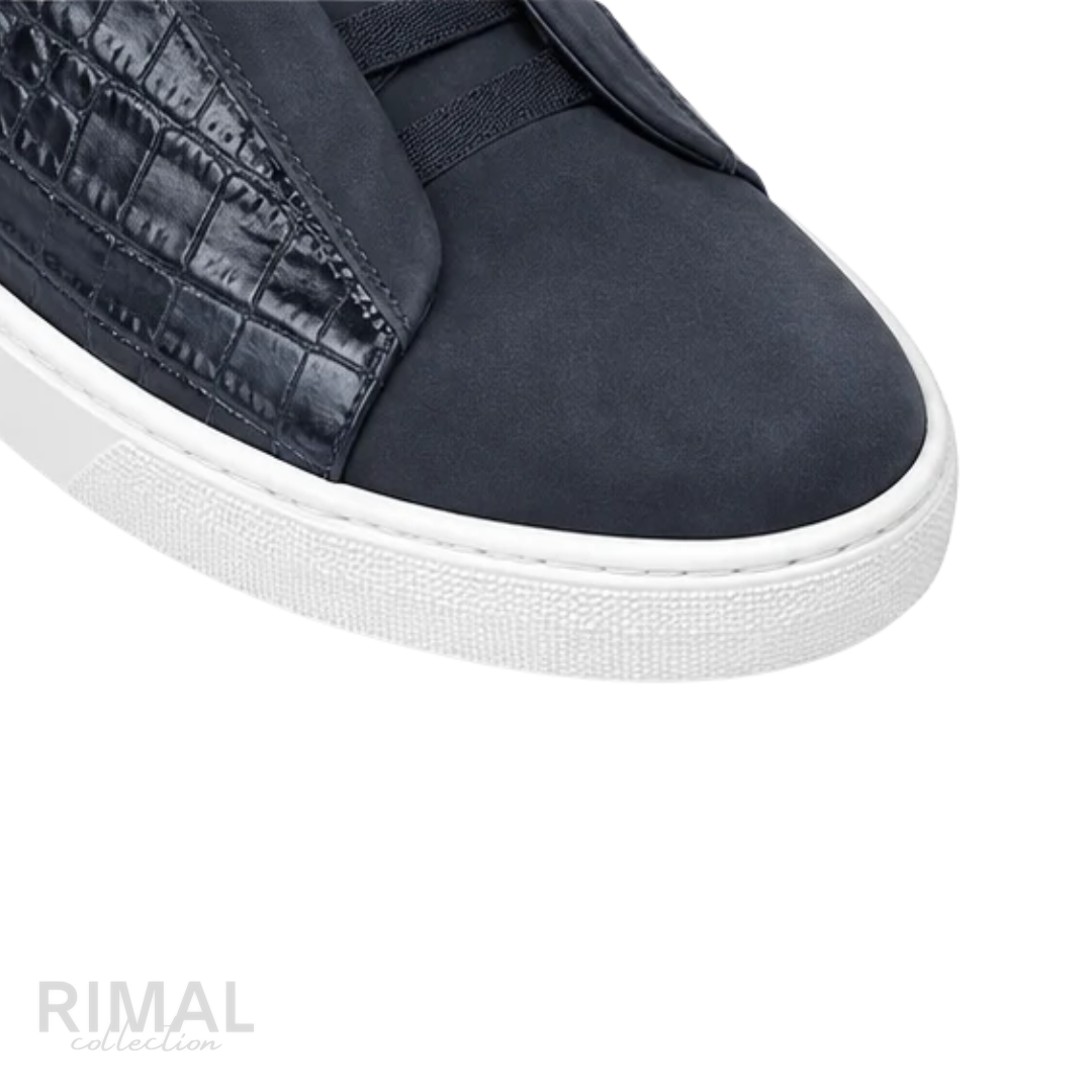 Zegna Triple Stitch Sneaker – Navy Blue Alligator & Suede – View 4