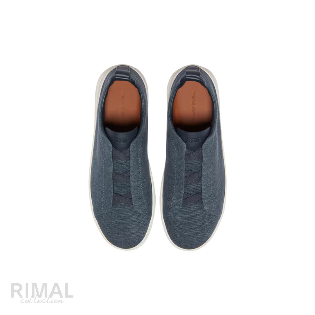 Zegna | Dark Teal Blue Cotton Linen and Leather Triple Stitch Sneakers - View 4