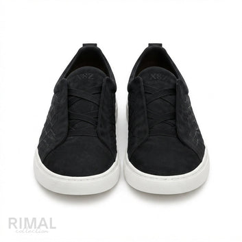 Zegna Triple Stitch Alligator-Pattern Slip-On Sneakers – Black - View 1