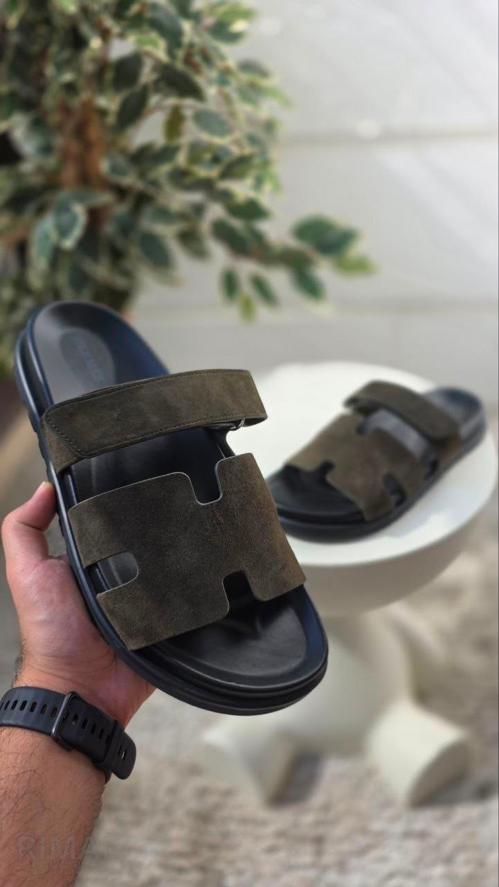 HERMÈS Chypre Sandals Suede Olive Khaki Kaki Green Black Sole