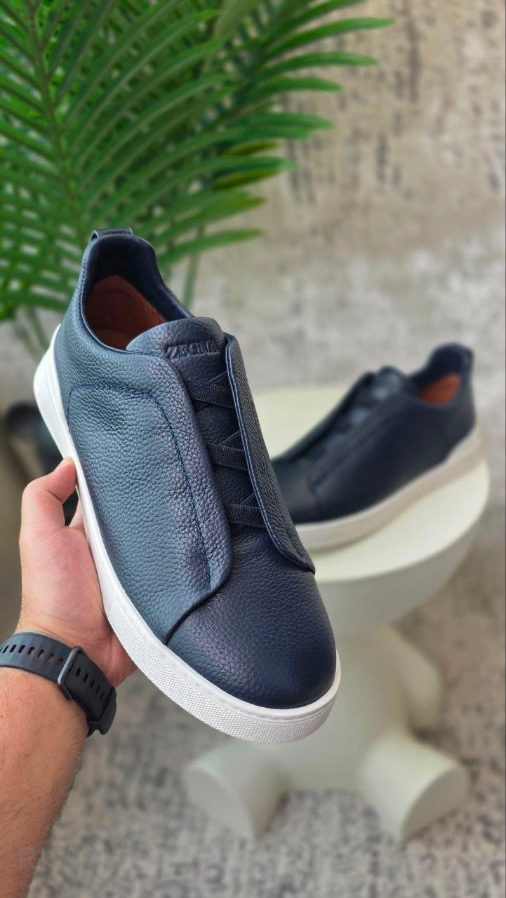 ZEGNA Triple Stitch Secondskin Leather Slip-on Sneakers Navy Blue
