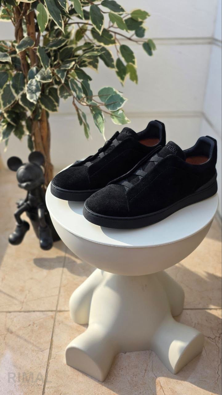 ZEGNA Triple Stitch Suede Slip-on Sneakers Black Nero Tonal