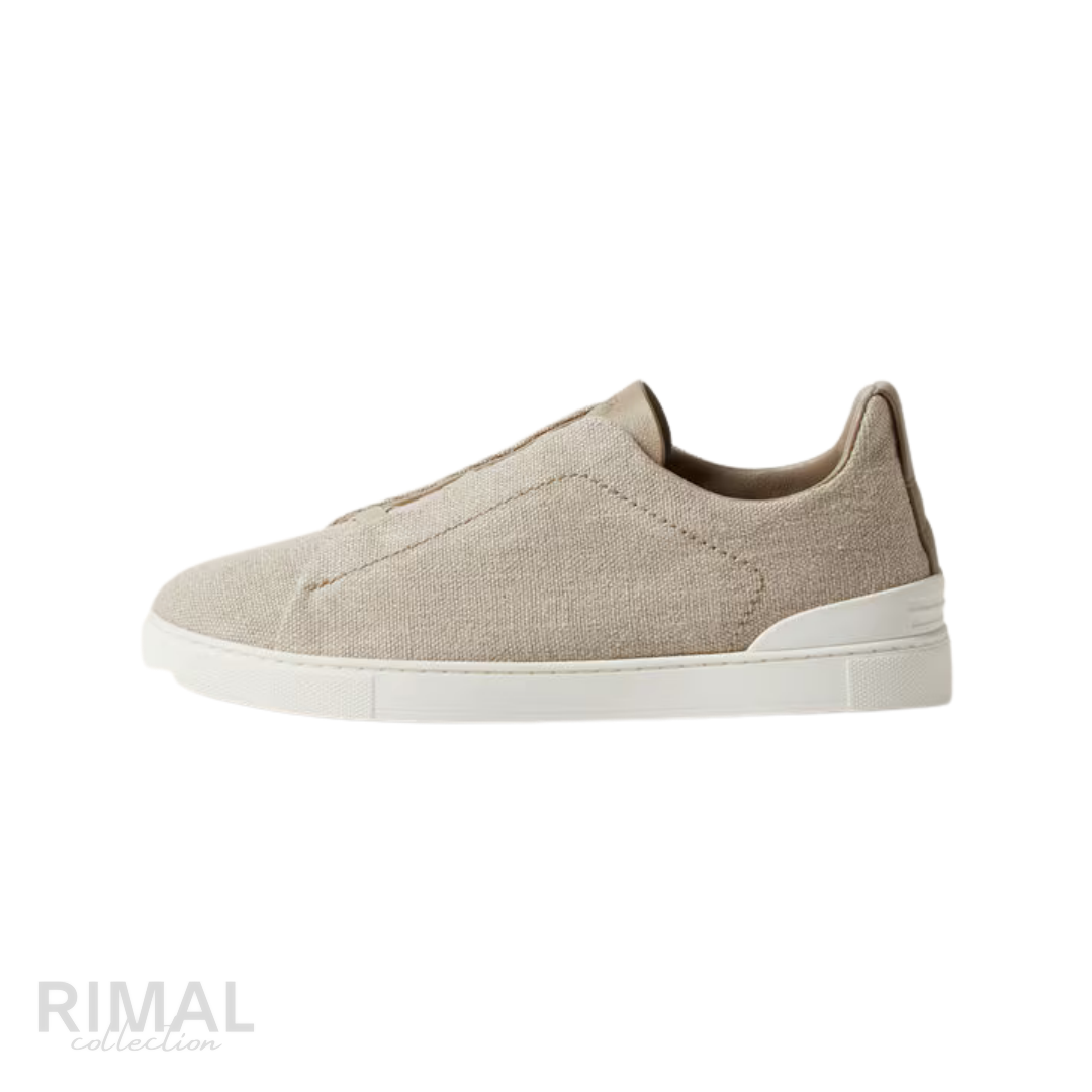 Zegna Triple Stitch Sneaker – Light Beige Cotton, Linen & Leather – View 1