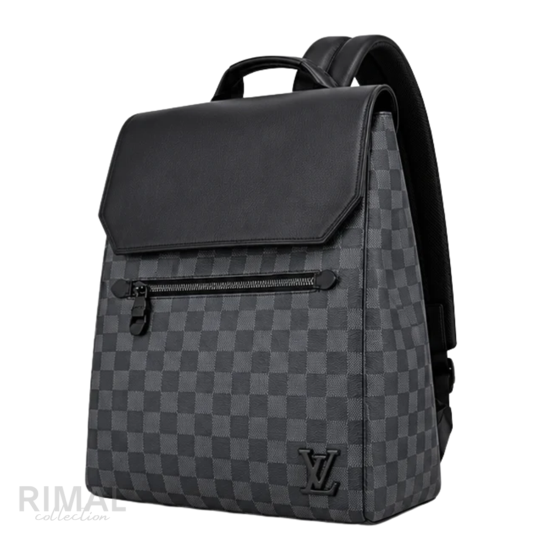 Louis Vuitton Bag | Zack Backpack (Damier Cobalt Graphite style with black leather flap) – Black – Charcoal (Damier Graphite coated canvas with black leather trim and matte black hardware)