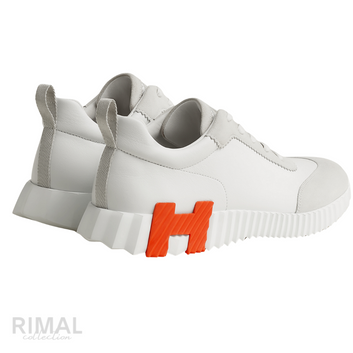 HERMÈS Bouncing Sneakers - Blanc White Leather & Suede Orange H Logo Low-Tops