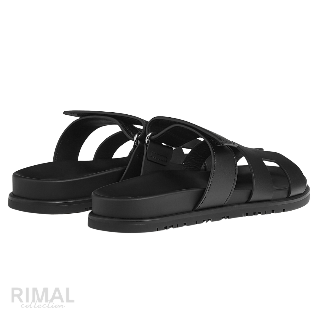 HERMÈS Chypre Sandals Leather All Black Noir Monochrome