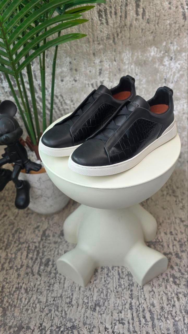 Zegna Triple Stitch Sneaker – Black Alligator Leather – View 5