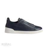 Zegna Triple Stitch Leather Slip-On Sneakers – Navy Blue