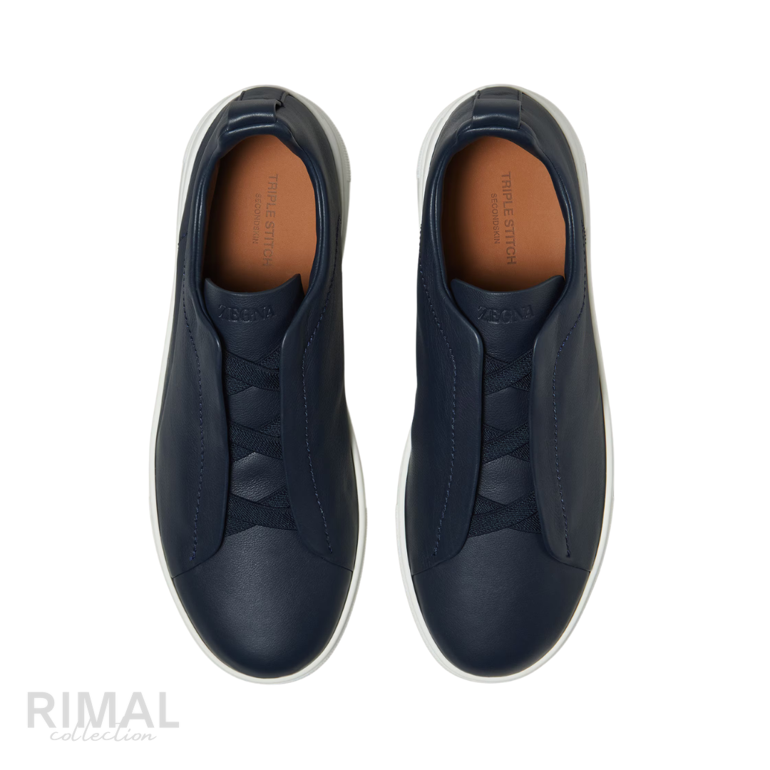 Zegna Triple Stitch Leather Slip-On Sneakers – Navy Blue - View 2