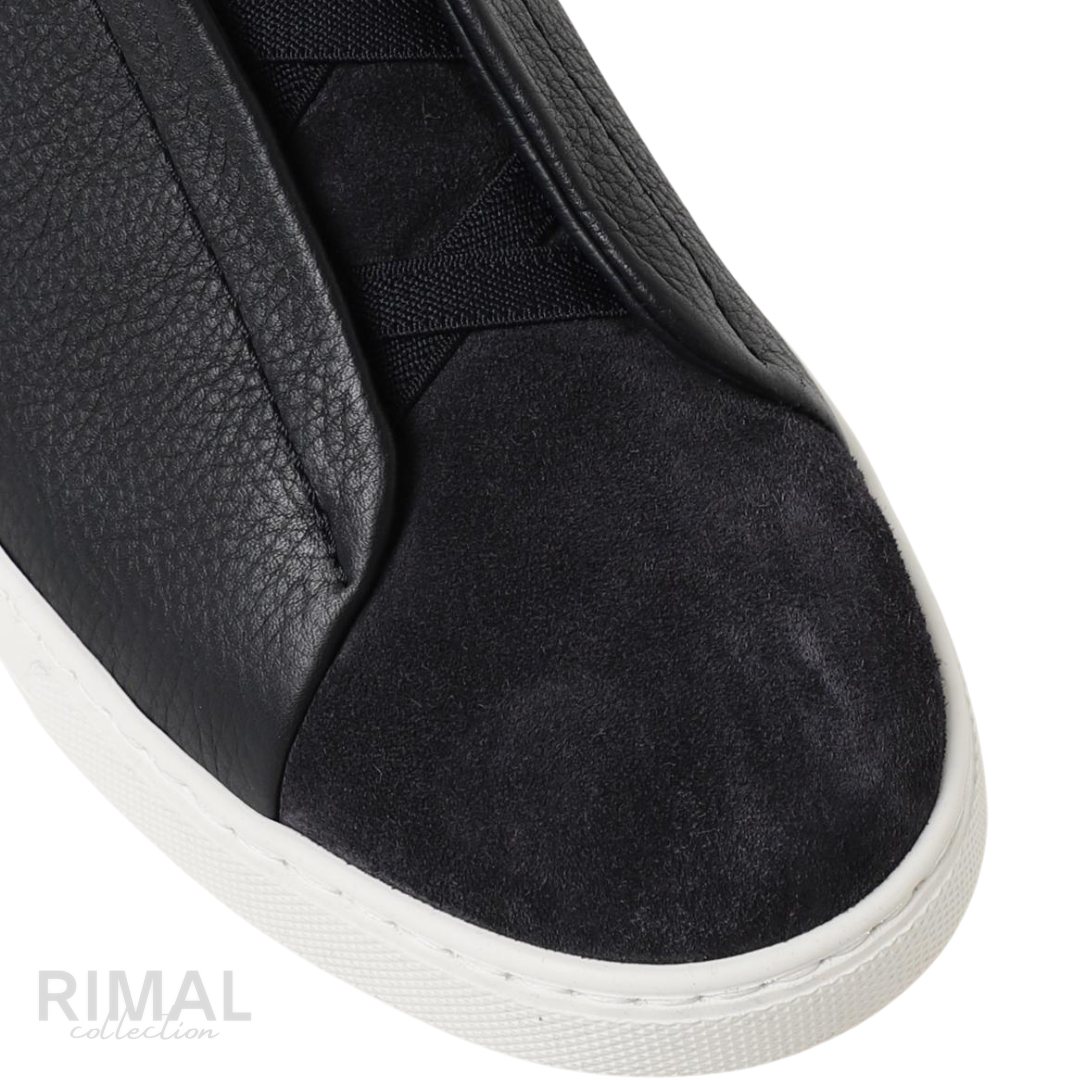 ZEGNA Triple Stitch Leather Suede Slip-on Sneakers Black White Sole