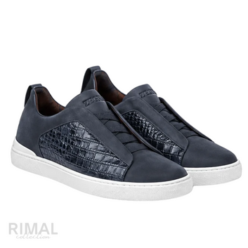 Zegna Triple Stitch Sneaker – Navy Blue Alligator & Suede – View 2