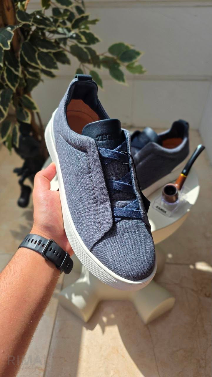 Zegna | Dark Teal Blue Cotton Linen and Leather Triple Stitch Sneakers - View 5