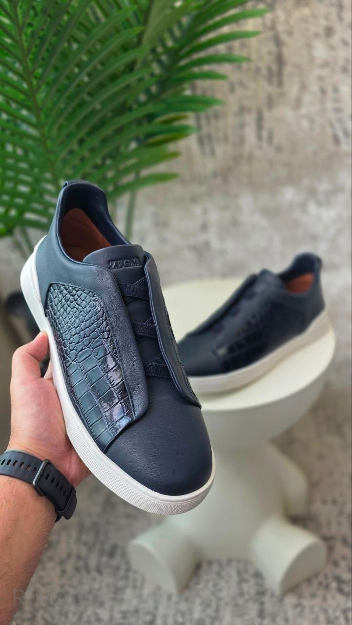 Zegna Triple Stitch Sneaker – Navy Blue Alligator & Suede – View 5