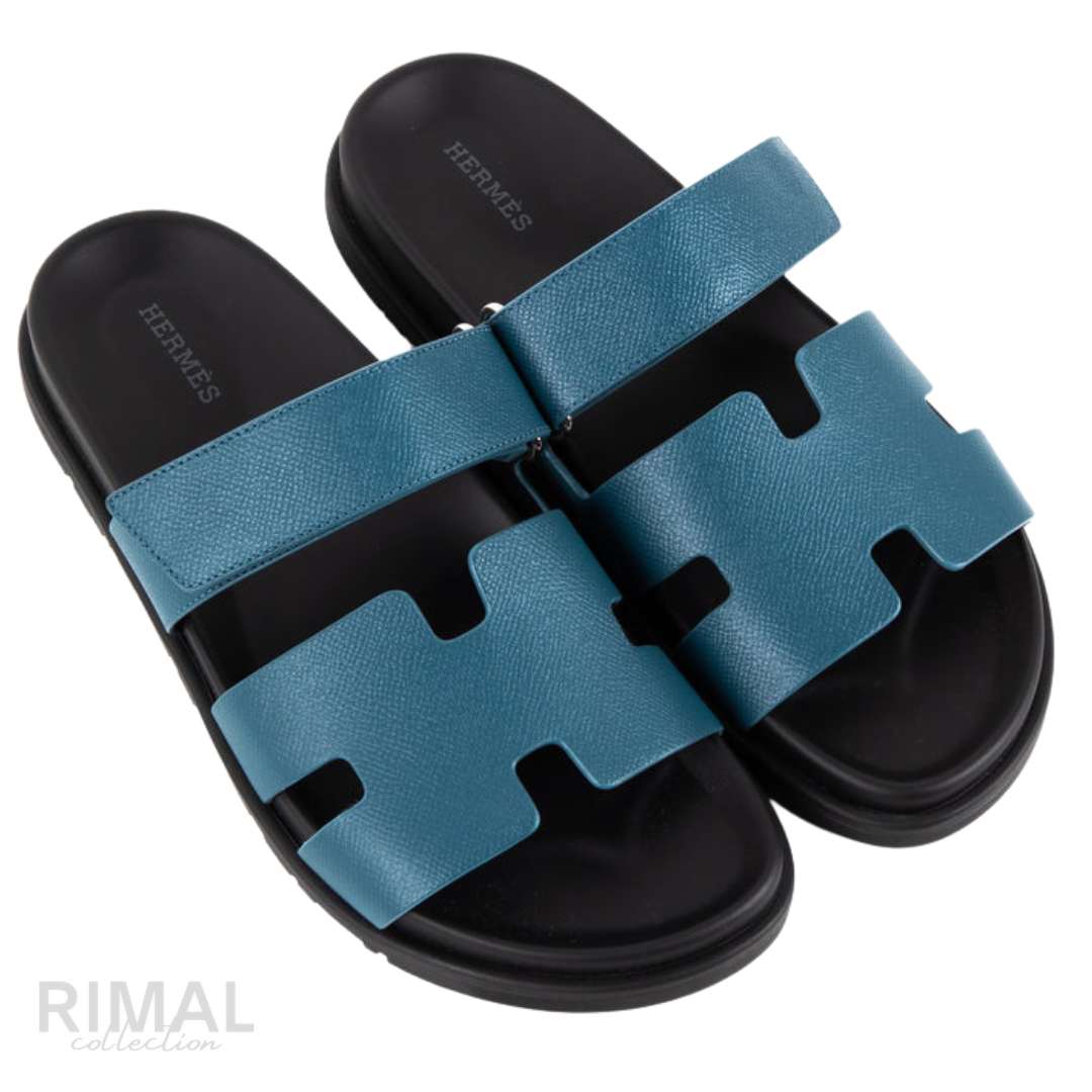 HERMÈS Chypre Sandals Leather Teal Petrol Blue Bleu Canard Black Sole