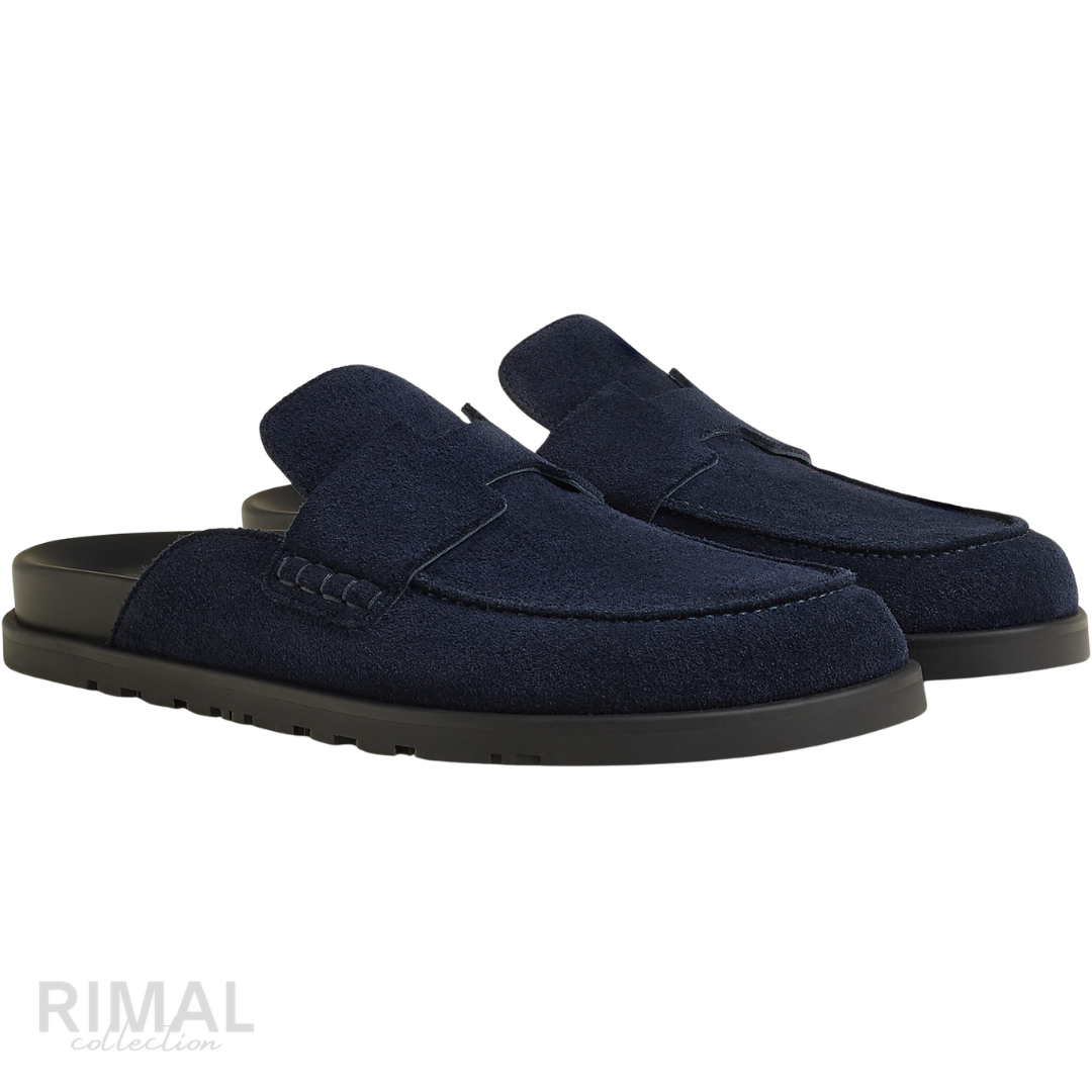 HERMÈS Go Mules - Bleu Océan Navy Suede Luxury Slip-On Slippers