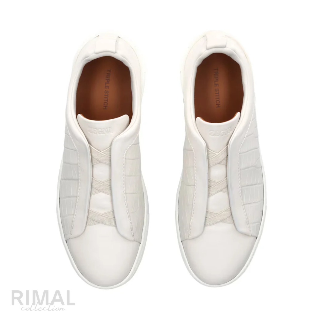 Zegna Triple Stitch Sneaker – White Crocodile Leather – View 3