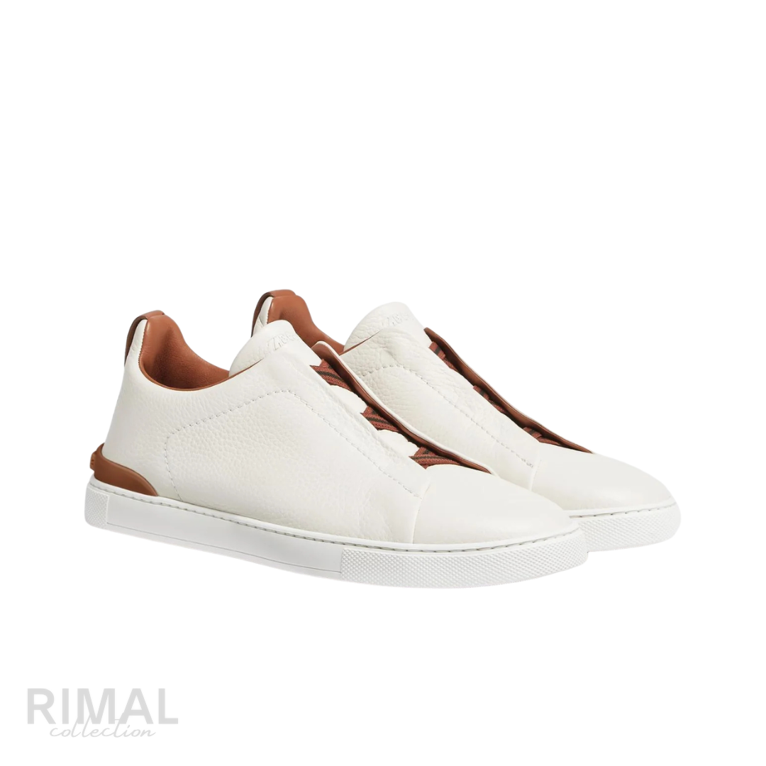 Zegna Triple Stitch Sneakers – White & Brown - View 4