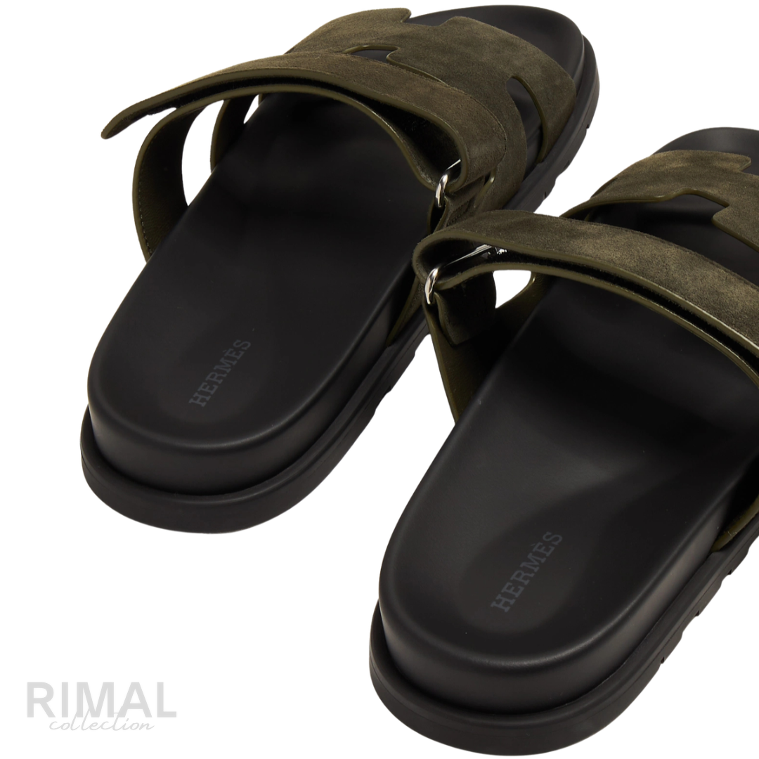 HERMÈS Chypre Sandals Suede Olive Khaki Kaki Green Black Sole