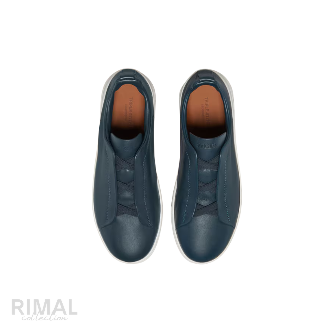Zegna | Dark Teal Blue Triple Stitch Secondskin Sneakers - View 3