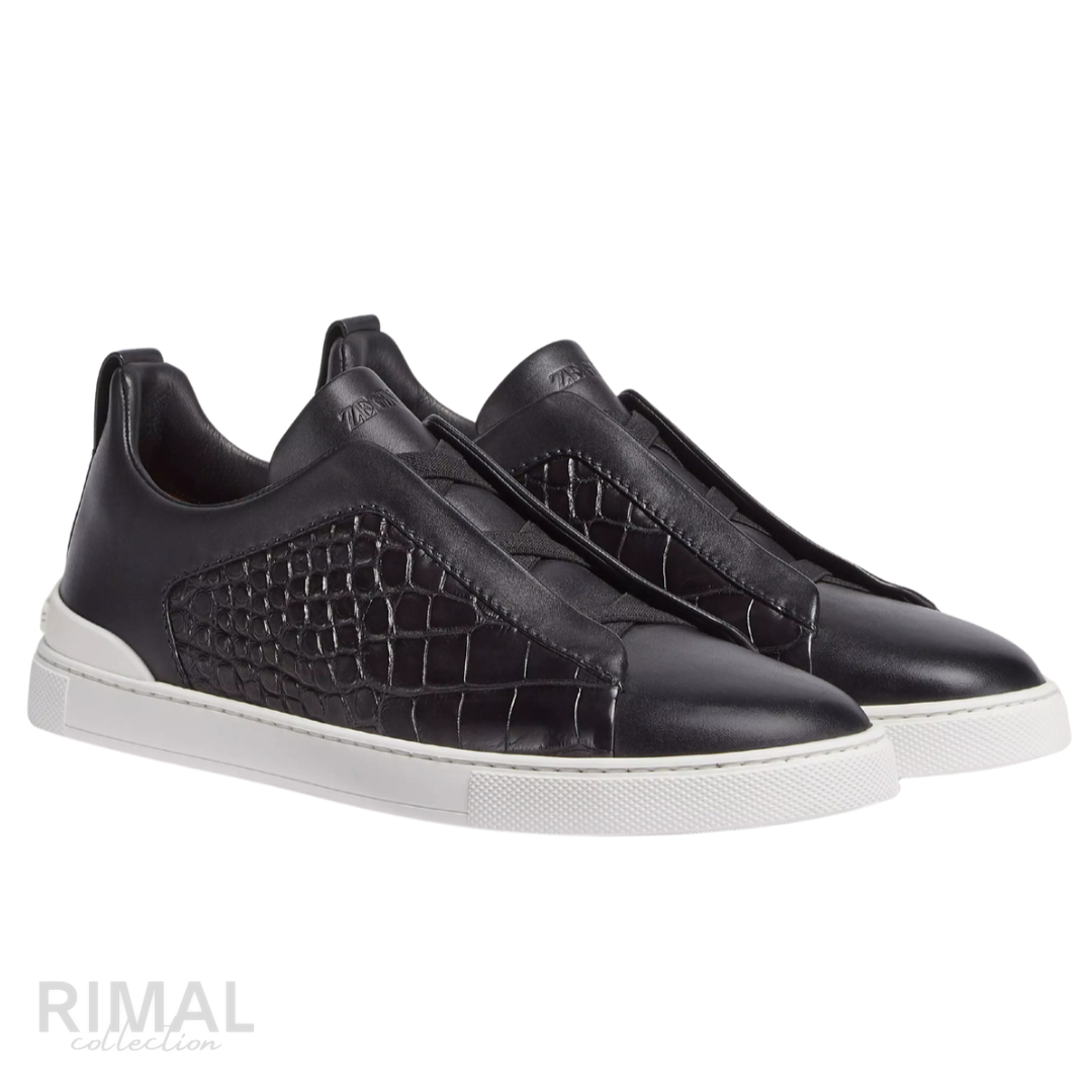 Zegna Triple Stitch Sneaker – Black Alligator Leather – View 3