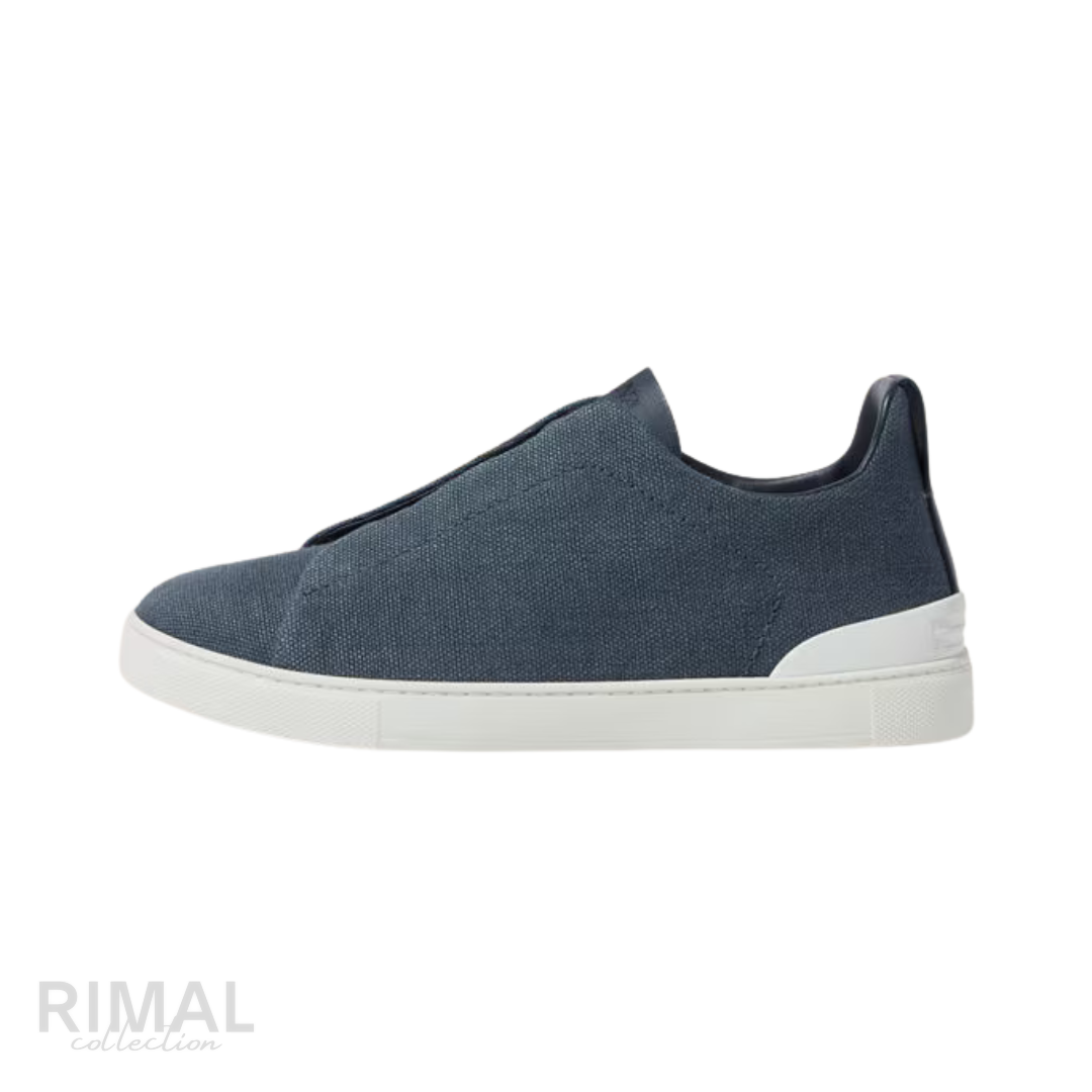 Zegna | Dark Teal Blue Cotton Linen and Leather Triple Stitch Sneakers - View 1