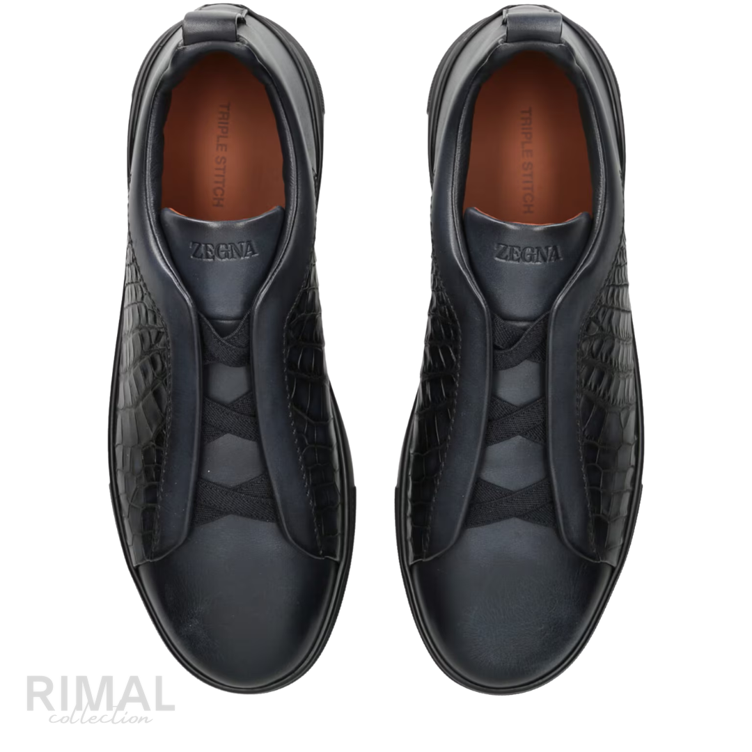 Zegna Triple Stitch Leather Low-Top Sneakers – Black - View 2