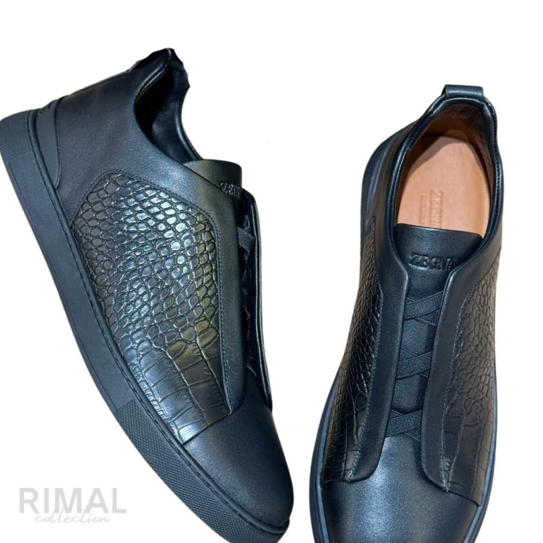 Zegna Triple Stitch Crocodile-Panel Leather Sneakers – Black - View 3