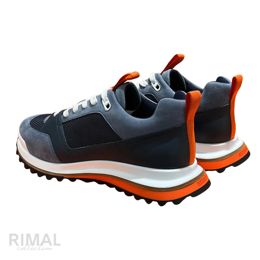 HERMÈS Leader Sneaker Multicolore Bleu Suede Leather Orange