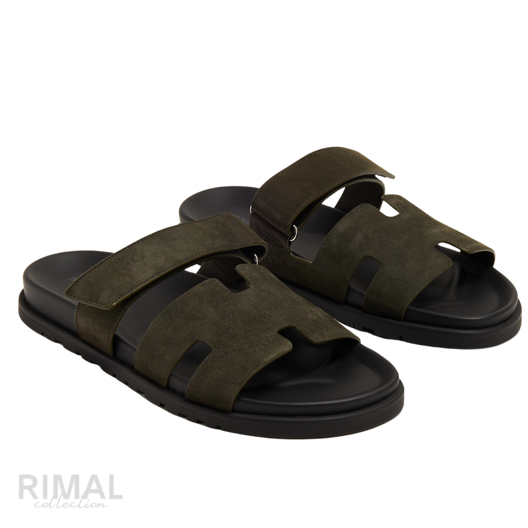 HERMÈS Chypre Sandals Suede Olive Khaki Kaki Green Black Sole