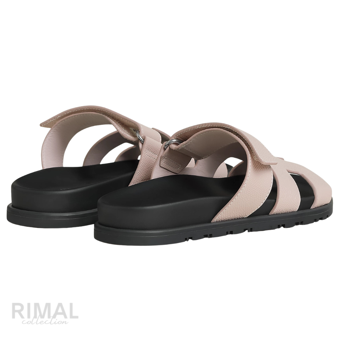 HERMÈS Chypre Sandals Grained Leather Pale Pink Rose Porcelaine Black Sole