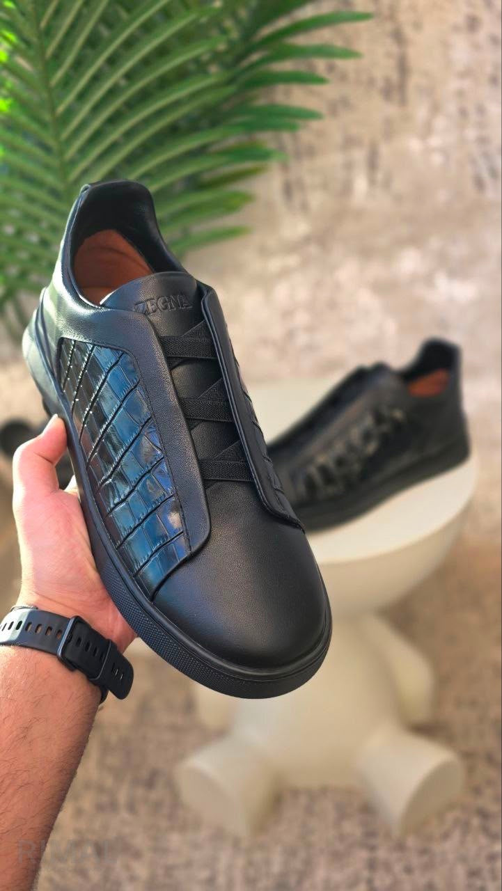 Zegna Triple Stitch Crocodile-Panel Leather Sneakers – Black - View 5