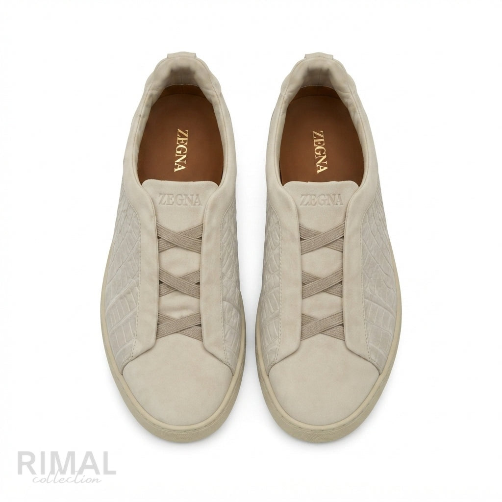 Zegna Triple Stitch Alligator-Pattern Sneakers – Cream - View 2