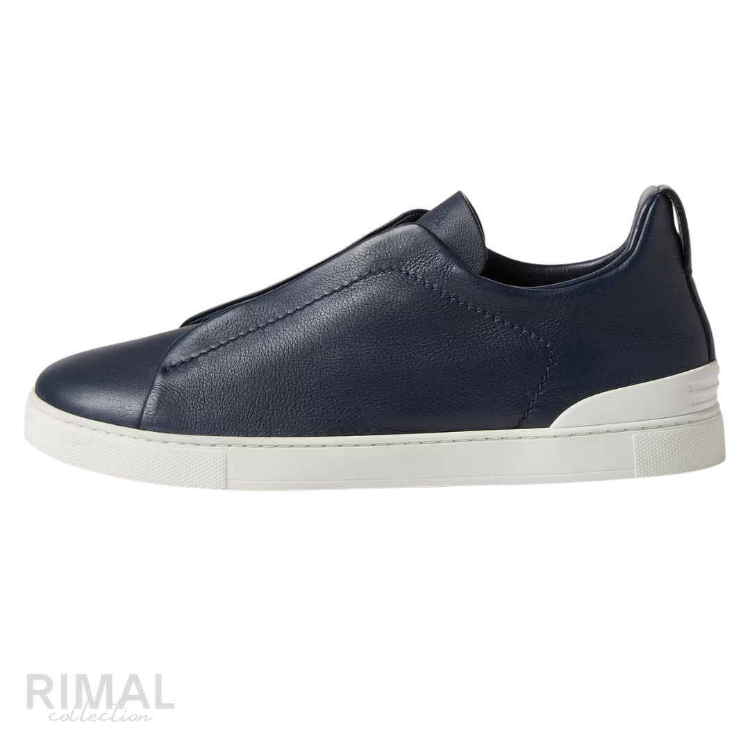 ZEGNA Triple Stitch Secondskin Leather Slip-on Sneakers Navy Blue
