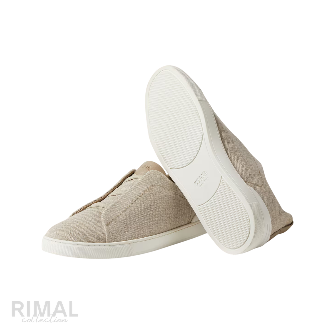 Zegna Triple Stitch Sneaker – Light Beige Cotton, Linen & Leather – View 3