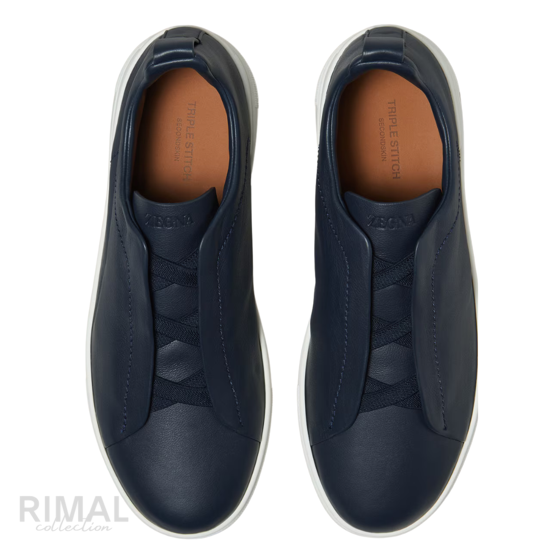 ZEGNA Triple Stitch Secondskin Leather Slip-on Sneakers Navy Blue