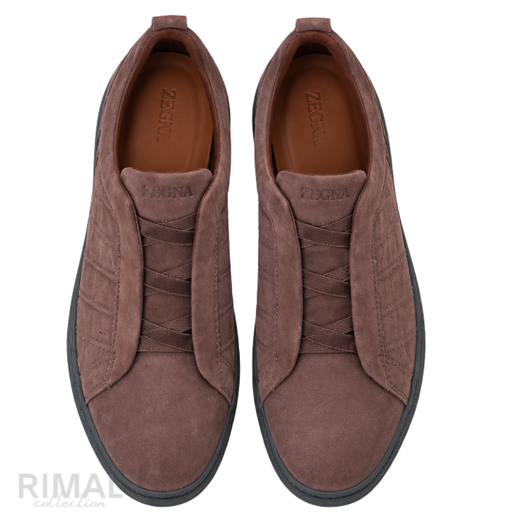 ZEGNA Triple Stitch Suede Slip-on Sneakers Brown Charcoal Sole