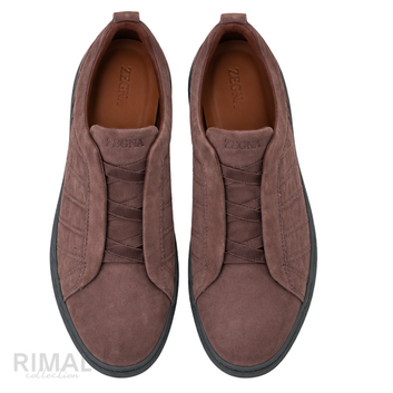 ZEGNA Triple Stitch Suede Slip-on Sneakers Brown Charcoal Sole