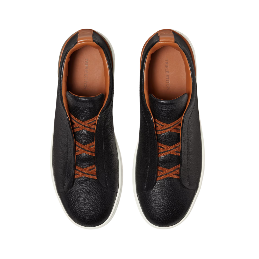 Zegna Deerskin Triple Stitch Sneakers - Black / Brown Sole - image 3