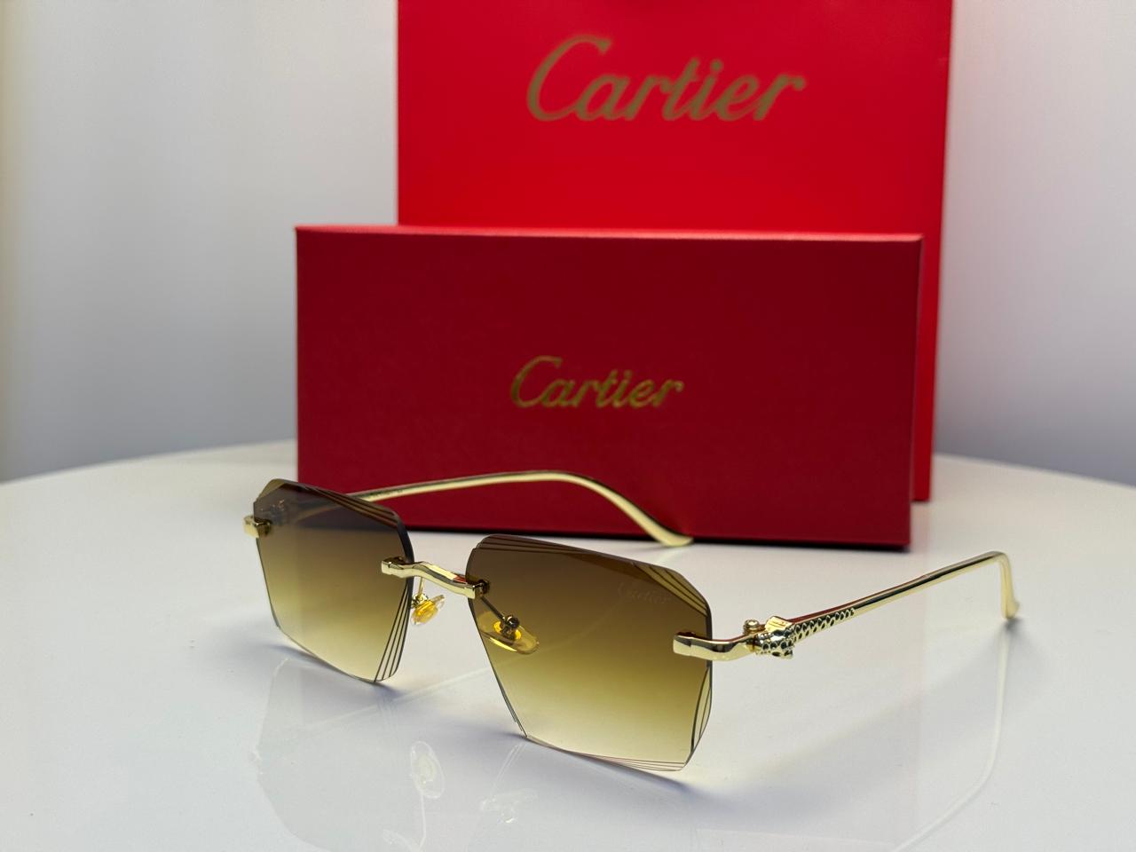 Cartier | Panthère de Cartier Rimless Sunglasses – Gold / Grey – Product Image 1