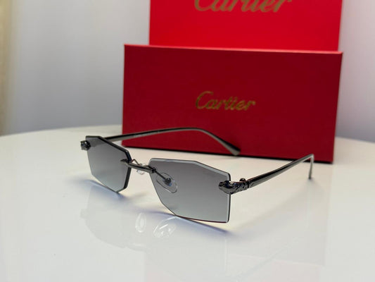 Cartier | Panthère de Cartier Rimless Sunglasses – Gold / Grey / Blue – Product Image 1
