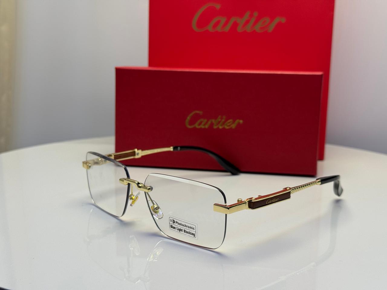 Cartier | Rimless Rectangular Wood Metal Eyeglasses – Black / Gold – Product Image 1
