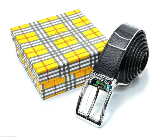 Burberry | Square Frame Buckle Textured Leather Belt – Black / Silver – Product Image 1