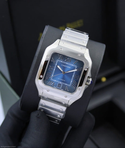 Cartier | Santos de Cartier Dual Time Satin Brushed Watch – Silver – Product Image 1