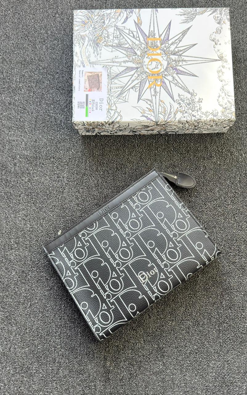 Dior | Maxi Oblique Grained Leather Pouch – Black / Silver – Product Image 1