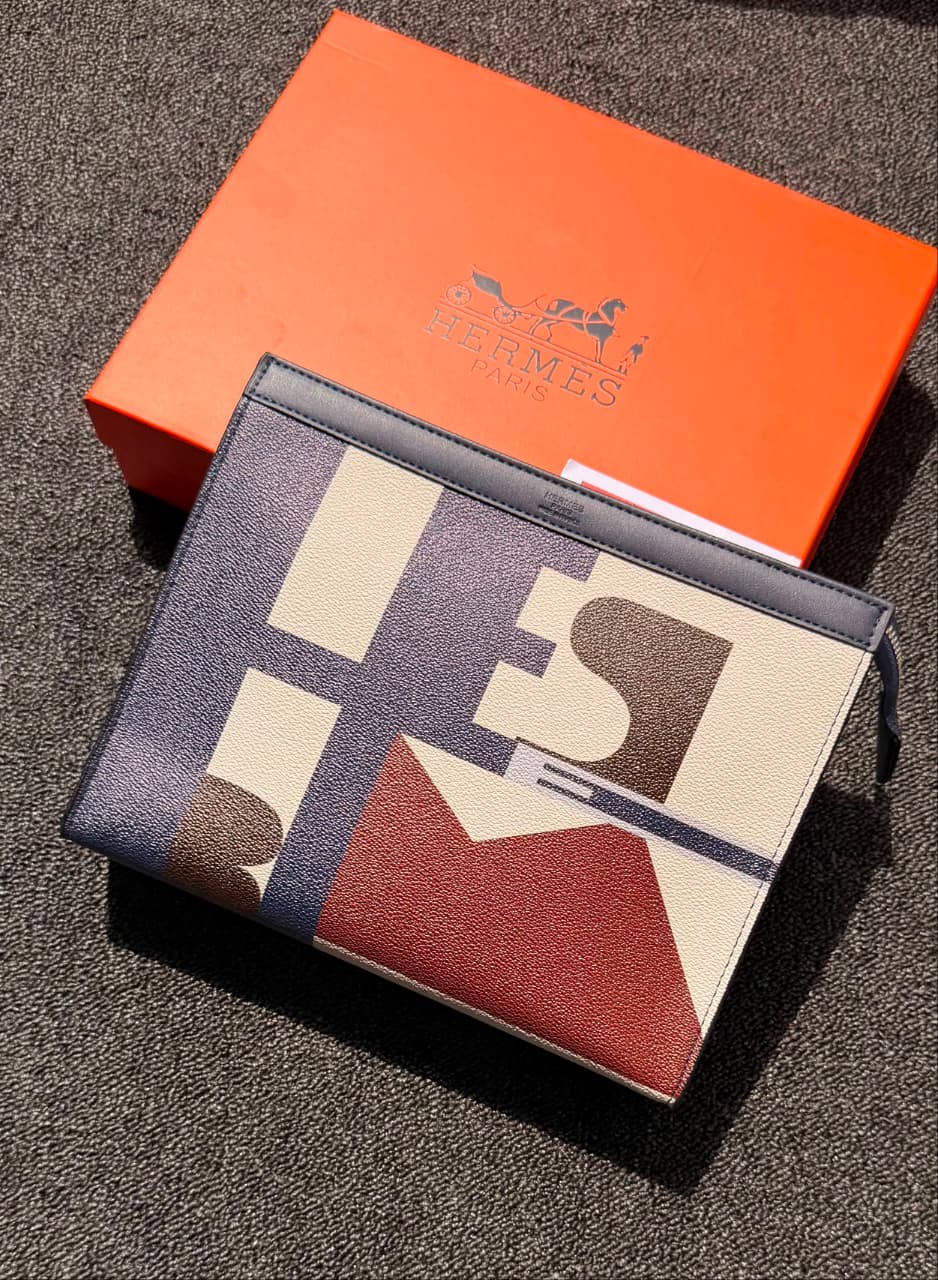 Hermès | Interlocking Horse Motif Canvas Pouch – Cream / Pink / White / Black – Product Image 1