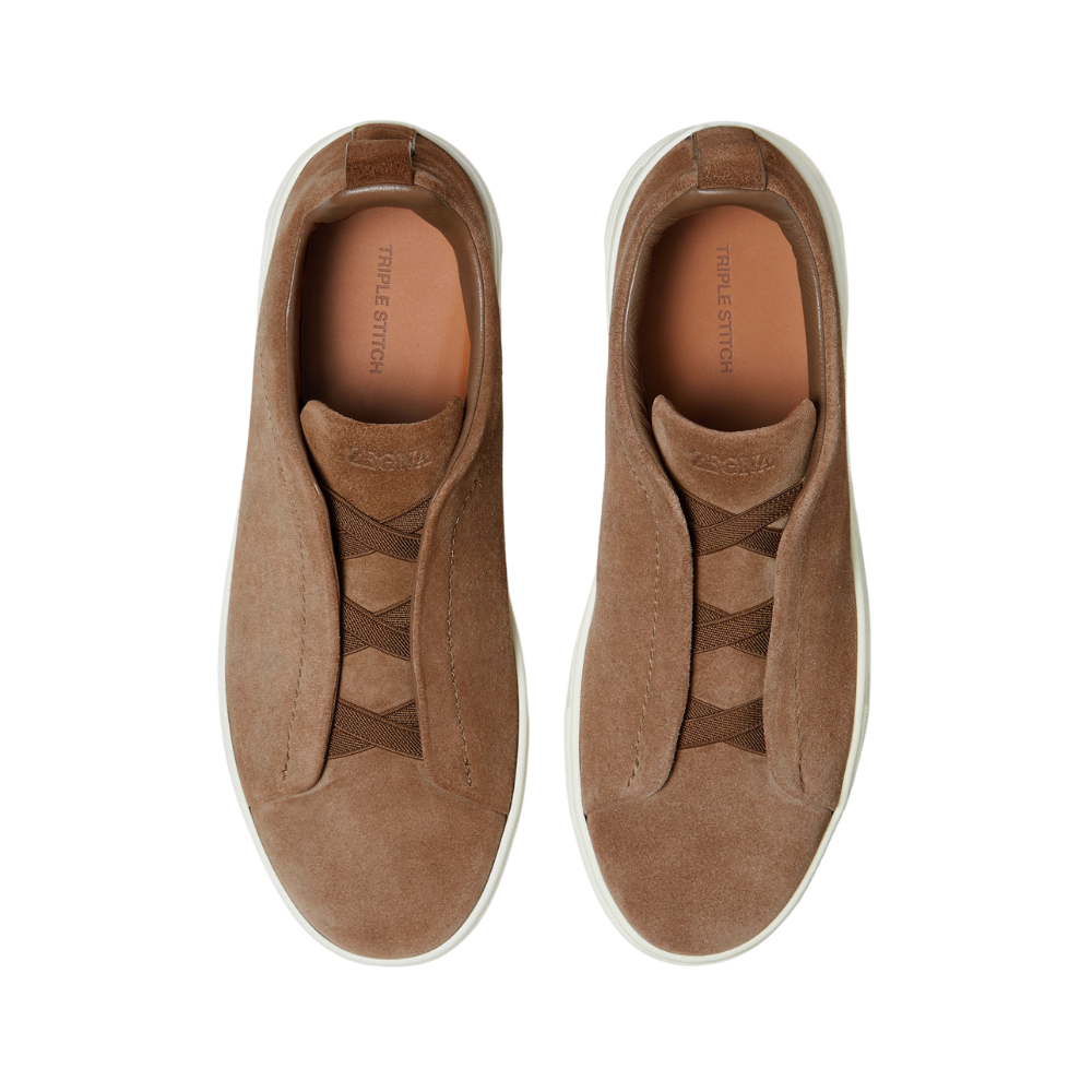 Zegna Suede Triple Stitch Sneakers - Dark Beige - 3