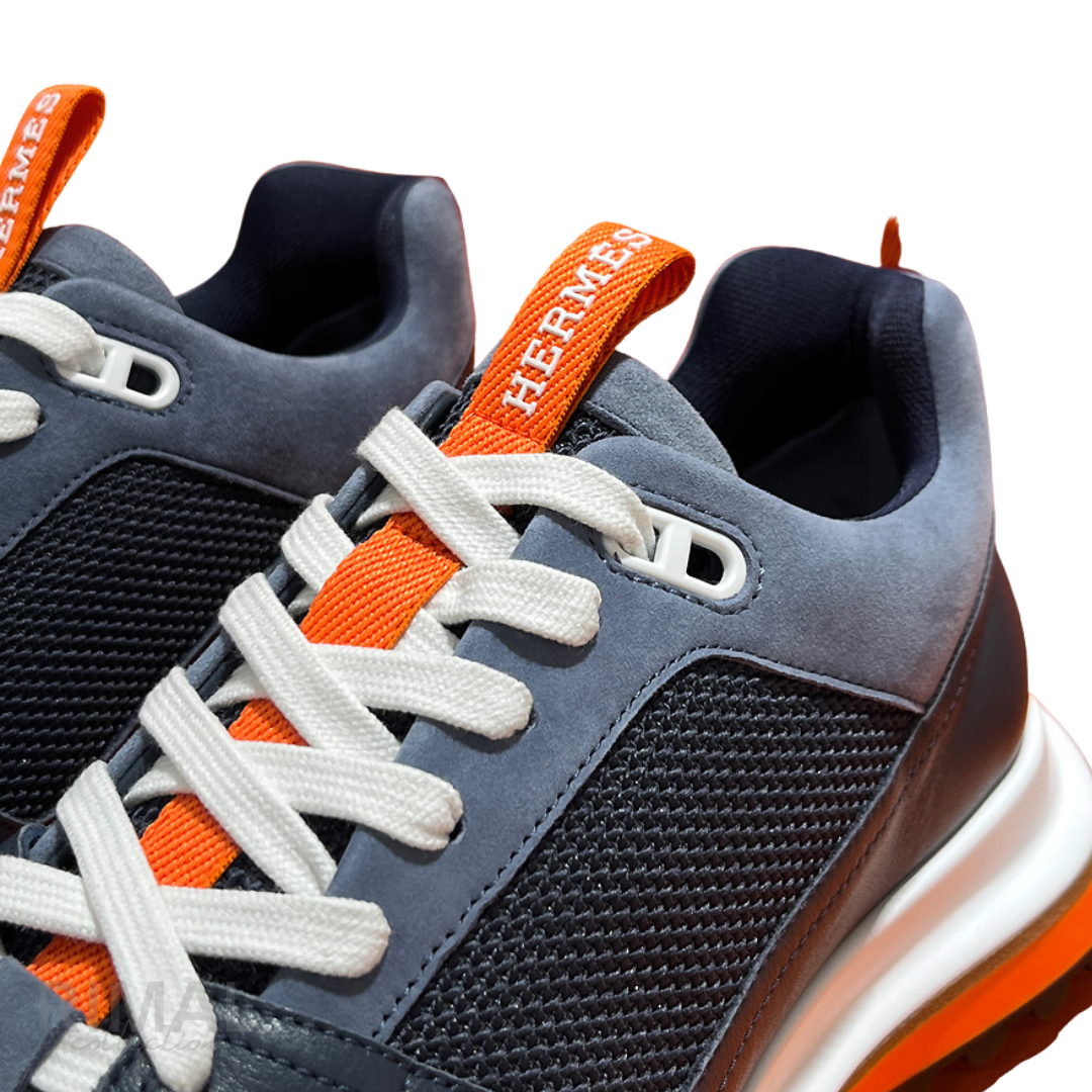 HERMÈS Leader Sneaker Multicolore Bleu Suede Leather Orange